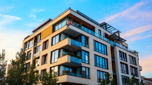 Elegant apartment building with spacious balconies, large glass windows and modern city design for luxury living