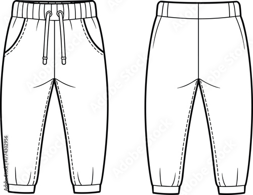 Technical fashion sketch of jogger pants with drawstring waistband, ribbed cuffs, side pockets, stitching details, and front-back garment views