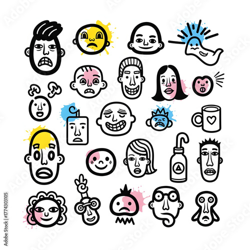 Unique cartoon faces and emotion icons collection, playful vector set with quirky hand-drawn expressions and objects