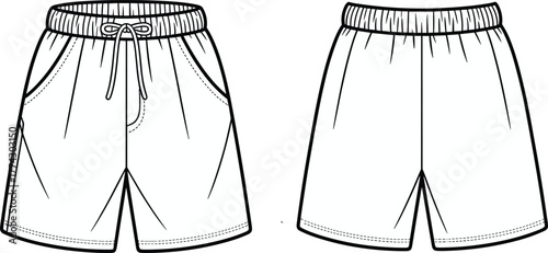 Technical fashion sketch of men's shorts with drawstring waistband, side pockets, stitching details, and front-back garment construction views