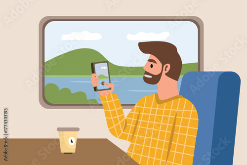 Man taking photo of landscape from train window. Man Capturing Scenic View from Train Window. Traveler Taking Photo of Landscape on Train Ride