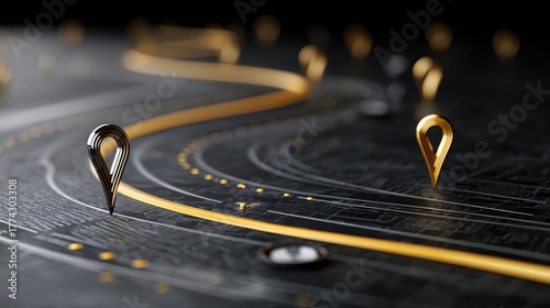 Elegant concept of a curved roadmap with gold and black location markers symbolizing milestones and navigation