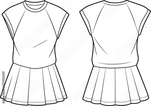 Technical fashion sketch of pleated dress with short sleeves, front and back views for garment construction, apparel design, and illustration.