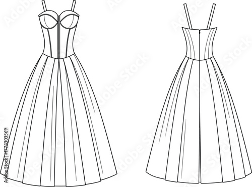 Technical fashion sketch of pleated formal dress with structured bodice, thin straps, full skirt, front and back view template