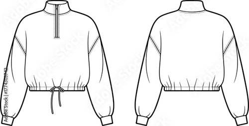 Technical fashion sketch of pullover top with zipper collar, elastic hem, voluminous sleeves, front and back views for apparel design.