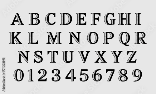 Elegant Black Lettering Alphabet and Numbers on Gray Background.