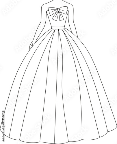 Technical fashion sketch of strapless formal gown with bow detail, pleated full skirt, back view for apparel design and illustration.