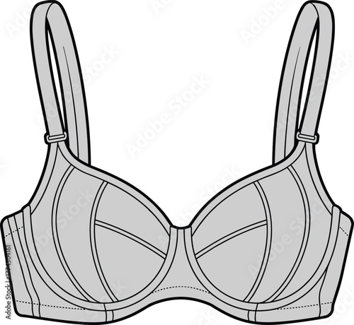 Technical fashion sketch of structured bra with underwire support, molded cups, seam detailing, adjustable straps, and lingerie construction view