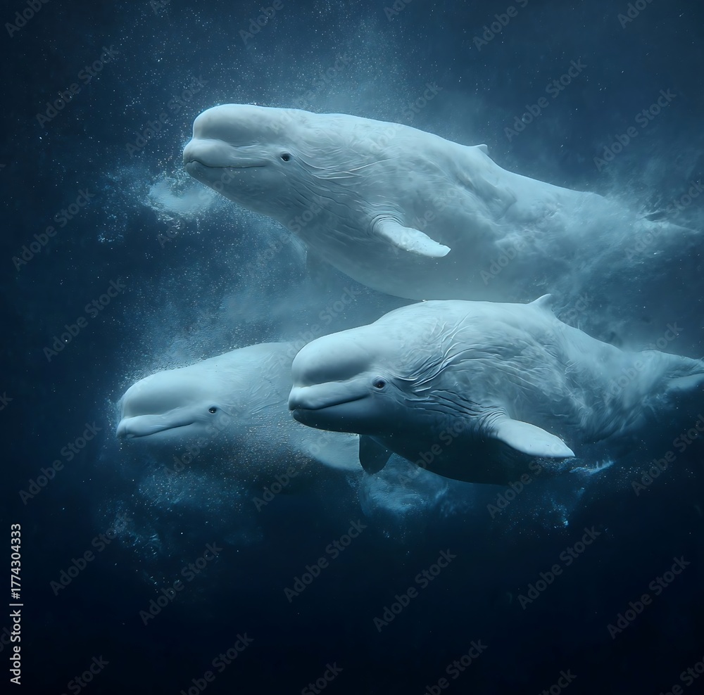 Fototapeta premium Graceful beluga whales swimming underwater in the deep ocean with ethereal light and dreamy atmosphere