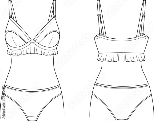 Technical fashion sketch of women’s lingerie set with ruffle-trim bra and bikini panties, front and back view garment template