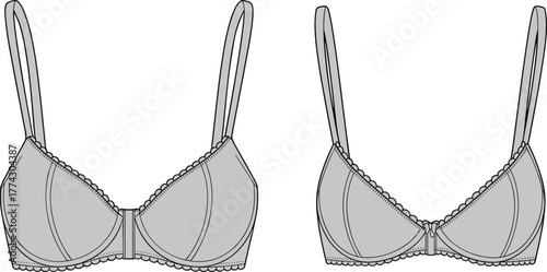 Technical fashion sketch of women's bras with underwire support, scalloped trim, adjustable straps, and front view lingerie design details