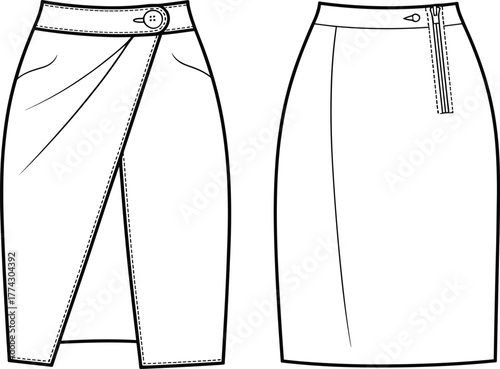Technical fashion sketch of women's skirts with wrap slit, pencil silhouette, waistband, zipper, button closure, and stitching details