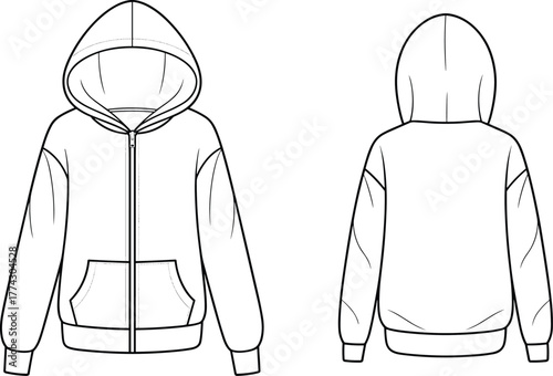 Technical fashion sketch of zip-up hoodie with drawstring hood, front pockets, ribbed cuffs and hem, front and back view template