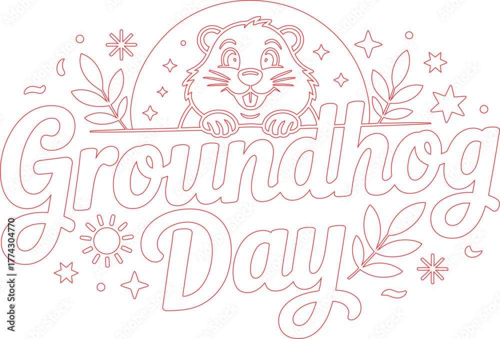 Obraz premium Red Outline Groundhog Day with Groundhog, Sun, Stars, and Floral Decorations