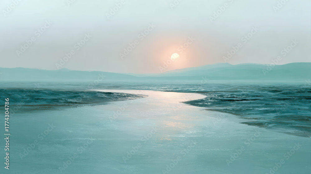 Fototapeta premium Soft Glowing Landscape with Frozen Water Body and Gentle Horizon Under Light Misty Atmosphere at Sunrise or Sunset in Serene Nature