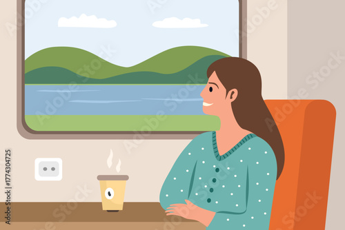 Woman Enjoying Scenic Train Journey. Peaceful Train Journey. Solo Traveler. Woman Relaxing by the Window Train