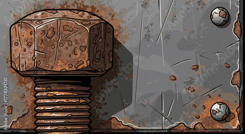 Close up of a large rusty bolt and nut on a weathered metal surface with textured details