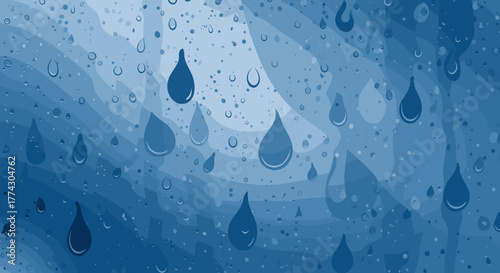 Raindrops falling on window glass with abstract blue background representing the beauty of precipitation and cloudy weather