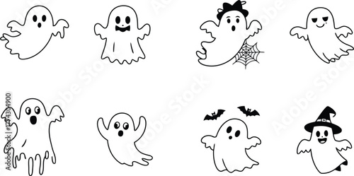Collection of eight cute and spooky cartoon ghosts for halloween