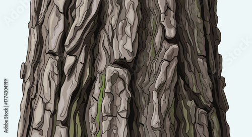 Detailed Close Up Texture of Rough Aged Tree Bark Showing Natural Patterns and Moss Growth Isolated on White Background