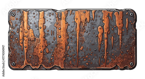 Weathered Rusted Metal Plate with Dripping Corrosion and Rivets Isolated on White Background