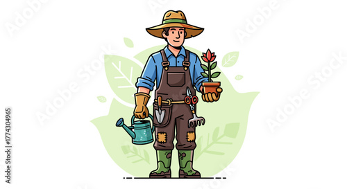 Male Gardener Holding Flowerpot and Watering Can Isolated on White Background