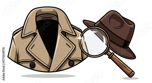 Detective Trench Coat Magnifying Glass and Fedora Hat Cartoon Style Illustration Investigation Concept