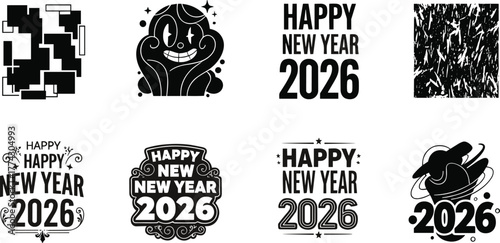 Happy New Year 2026 icons, abstract logo set, black outline graphics, cartoon symbol, ornamental branding, futuristic badge, festive design