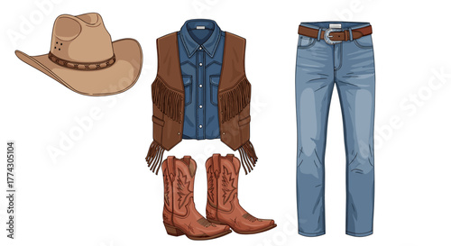 Cowboy Outfit Flat Lay Featuring Hat Vest Jeans and Boots Isolated on White Background