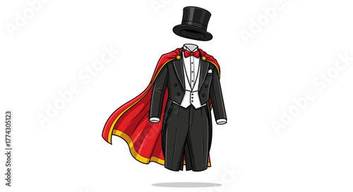 Illusory magician outfit with floating top hat and cape on white background for a performance