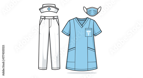 Medical Uniform Set for Healthcare Professionals Including Scrubs Pants Cap and Face Mask Isolated on White Background