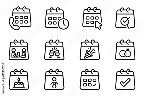 Calendar planning icon set on white background. Symbol of booking, dinner, celebration, birthday, agenda. Set vector line icons of schedule, save the date