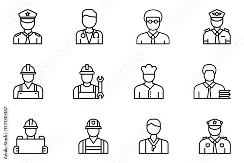 Man profession icon set on white background. Symbol of  employee, police, engineer, chef, doctor, lecturer, teacher, fireman, pilot, architect, referee. Set vector line icons of male worker