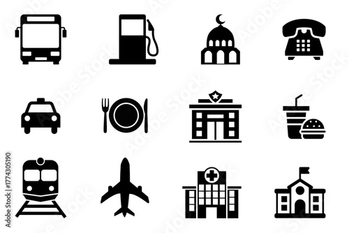 Map symbols icon set on white background. Symbol of station, airport, restaurant, mosque, police station, hospital, public facility. Map symbol silhouette. Set vector filled black icons of map symbol