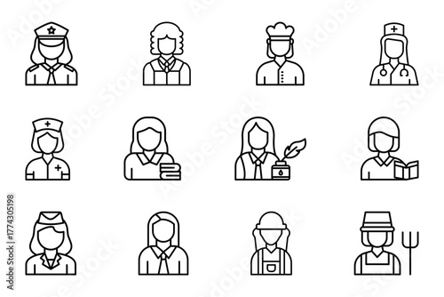 Woman profession icon set on white background. Symbol of female employee, doctor, chef, lecturer, teacher, firewoman, author, lady police, judge, and nurse. Set vector line icons of female worker