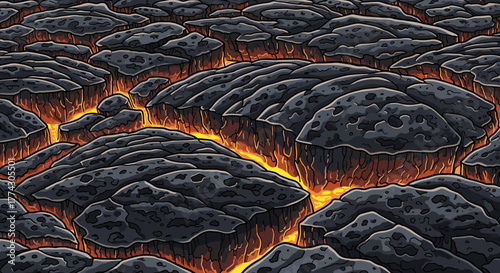 Volcanic Lava Flow Landscape Abstract Texture with Glowing Orange Heat Cracks on Dark Rock Surface