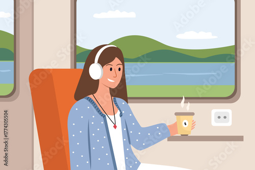 Woman Enjoying Coffee and Music on a Scenic Train Journey. Passengers Enjoying Music. Commuters Listening to Music During Train Ride