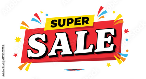 Super Sale Banner with Explosions and Confetti Isolated on White Background