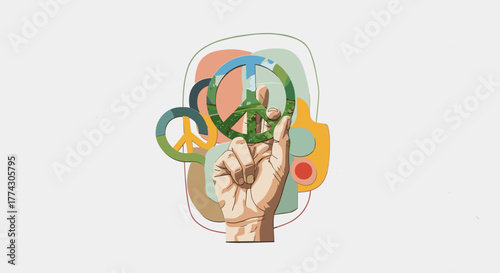Hand forming a peace sign with vibrant colorful abstract shapes and peace symbols representing harmony and unity