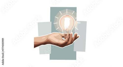 Human Hand Holding a Glowing Light Bulb Symbolizing New Ideas and Innovation Isolated on White Background