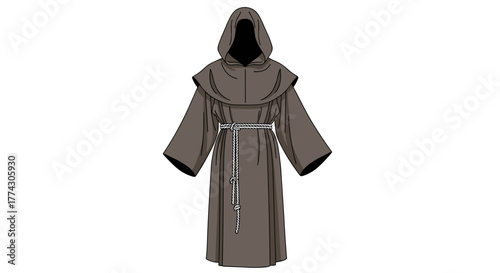 Monk Robe With Hood And Rope Belt Isolated On White Background Religious Garment For Monastic Life