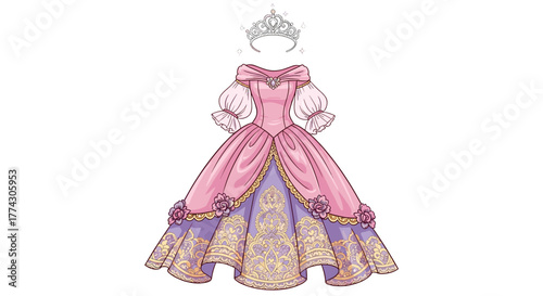 Elegant Pink Ball Gown with Intricate Purple and Gold Embroidery Isolated on White Background Princess Dress Concept