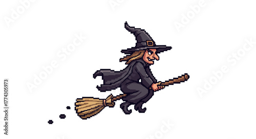 Pixel Art Halloween Witch Flying On Broomstick Cartoon Style Illustration Isolated on White Background