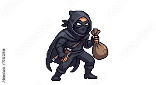 Pixel Art Thief Character Holding Loot Bag Stealthy Silhouette Cloaked Figure Isolated on Transparent Background