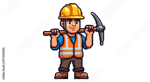 Cartoon Construction Worker Holding Pickaxe Ready for Hard Labor on White Background