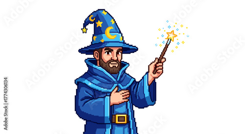 Bearded wizard casting a spell with a glowing magic wand isolated on white background cartoon style illustration