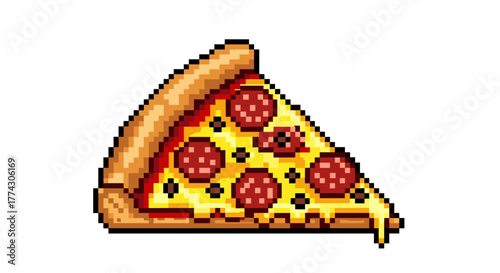 Pixel Art Pepperoni Pizza Slice Isolated on White Background Digital Food Art