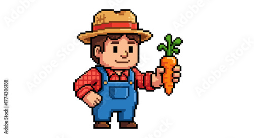 Pixel Art Farmer Holding Fresh Carrot Isolated on White Background Cartoon Style Illustration