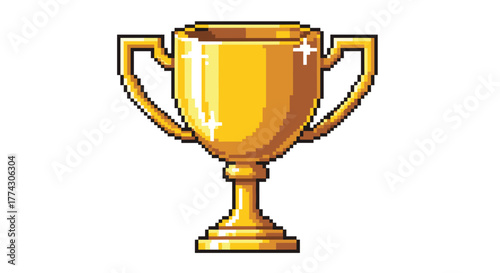 Golden Trophy Pixel Art Isolated on Transparent Background Celebrating Victory Achievement and Success Cartoon Style