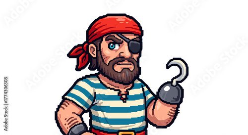 Cartoon Pirate Character with Hook Hand and Eye Patch Isolated on White Background